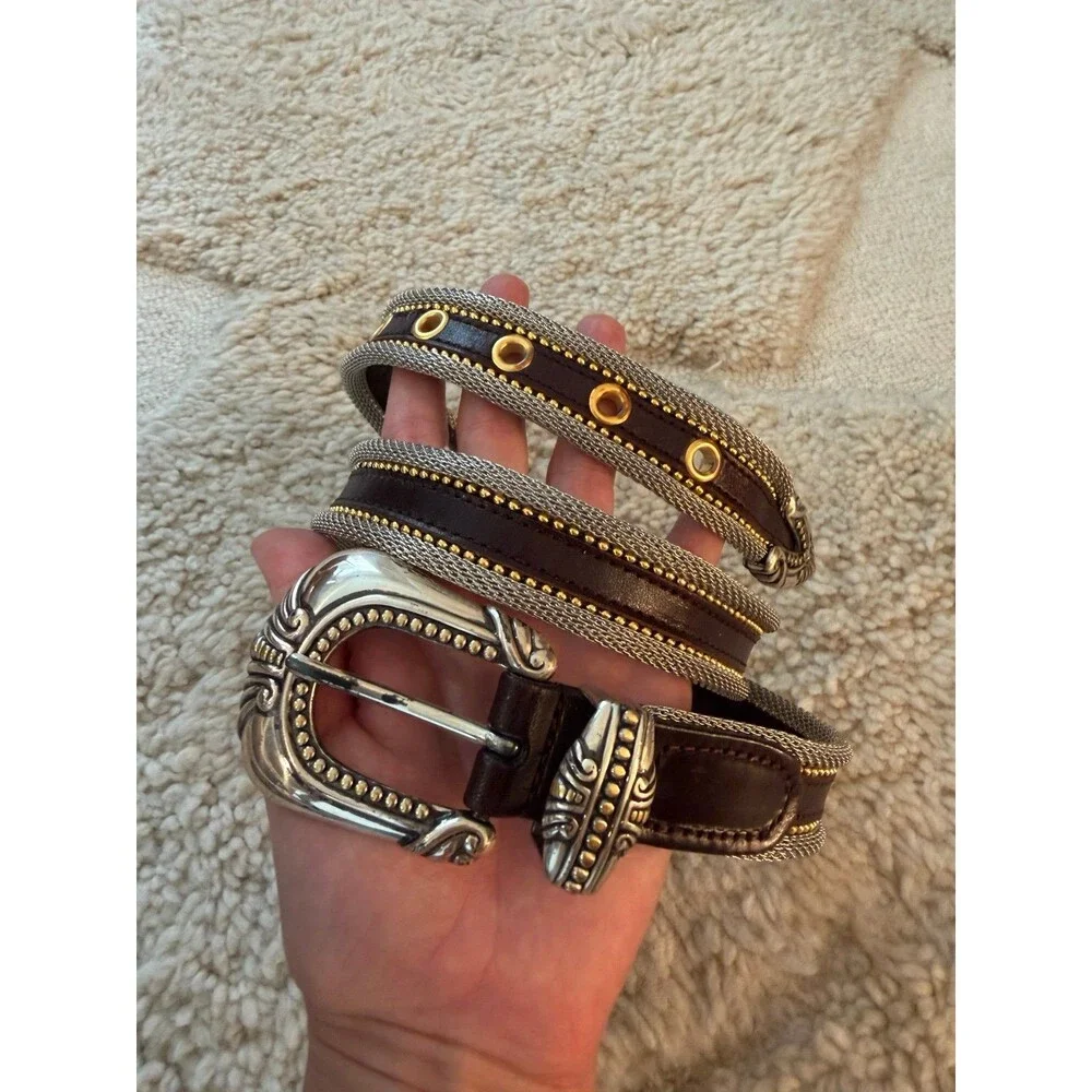 Vintage Mixed Metal Silver Mesh Dark Brown Leather Western Belt Gold Grommets